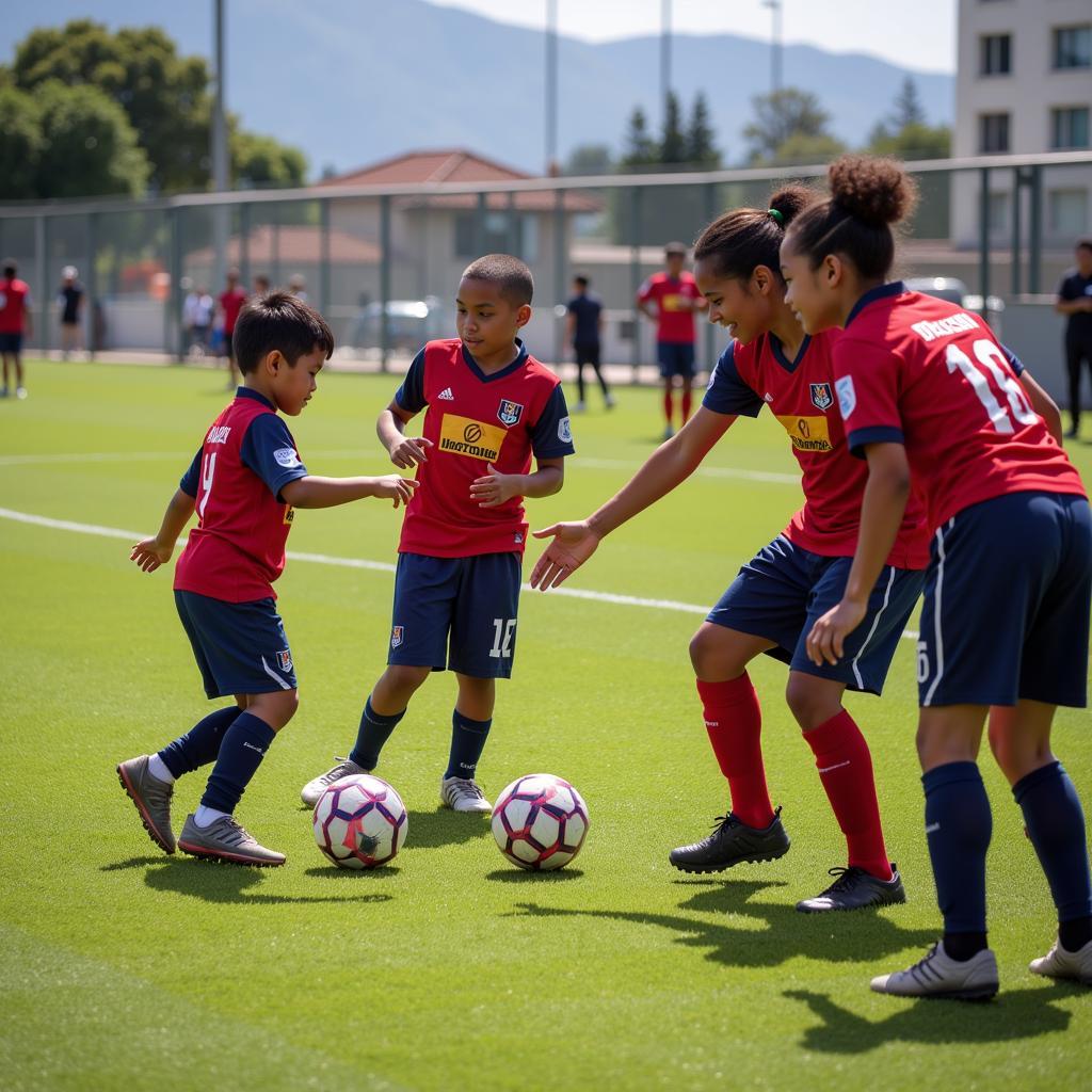 Ảnh hưởng của Ceres Soccer League: Hình ảnh trẻ em tham gia các hoạt động bóng đá cộng đồng, được truyền cảm hứng bởi giải đấu. Các cầu thủ giao lưu với người hâm mộ, tạo nên sự kết nối mạnh mẽ.