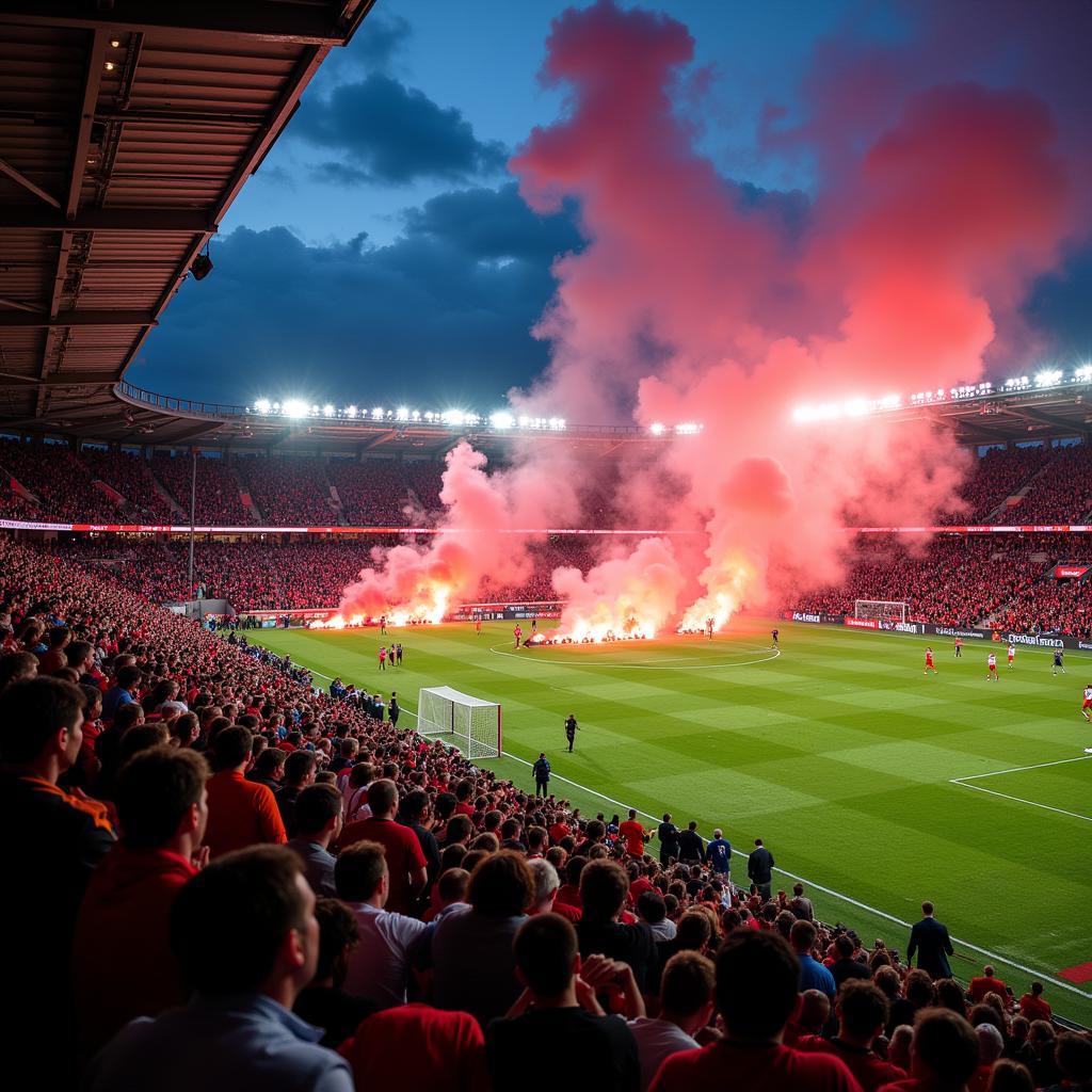 Không khí cuồng nhiệt tại một trận đấu trên sân Broadhurst Park Stadium.