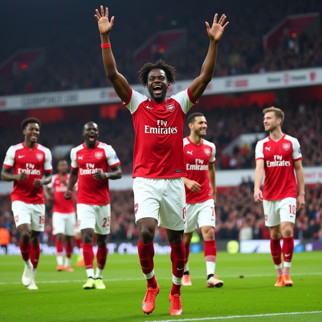 Bukayo Saka celebrates a goal with his teammates, highlighting his contribution to the team's success.