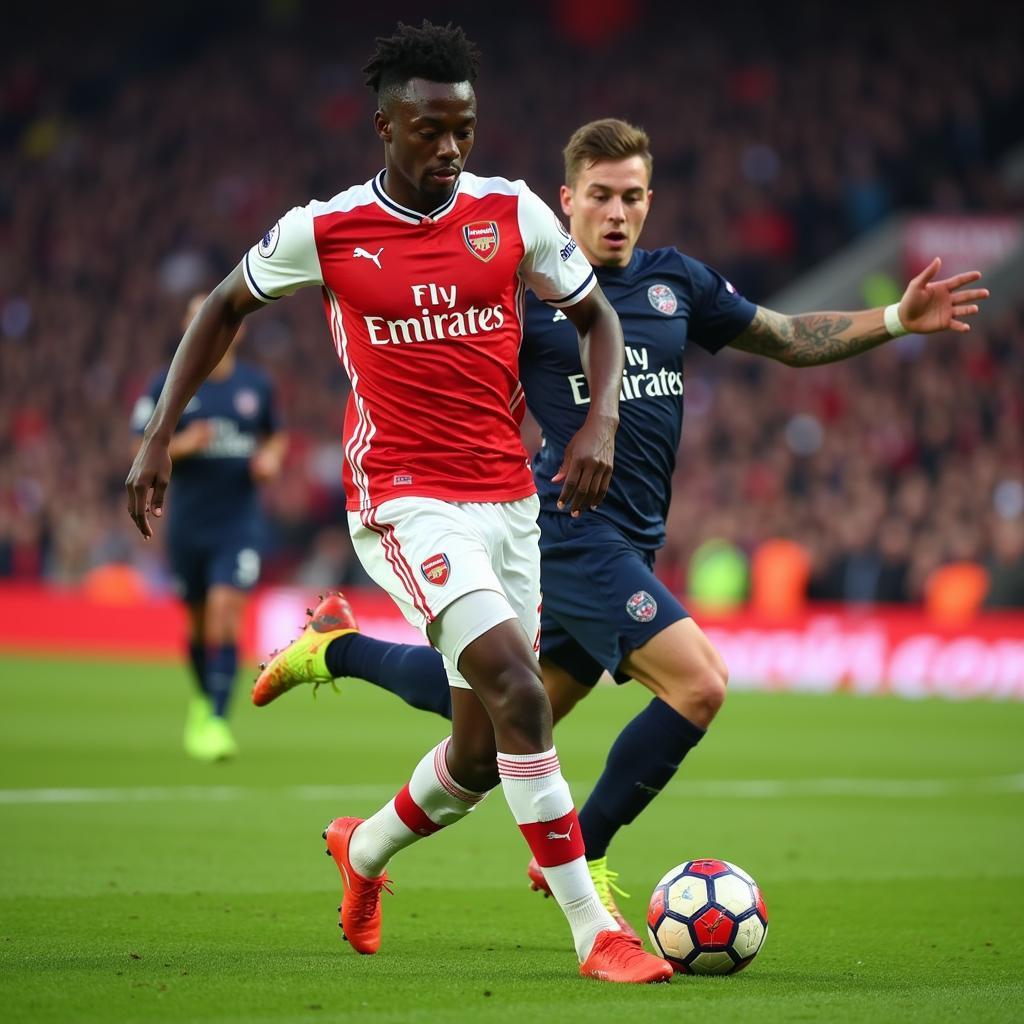 Bukayo Saka showcasing his dribbling skills, weaving through defenders with agility and control.