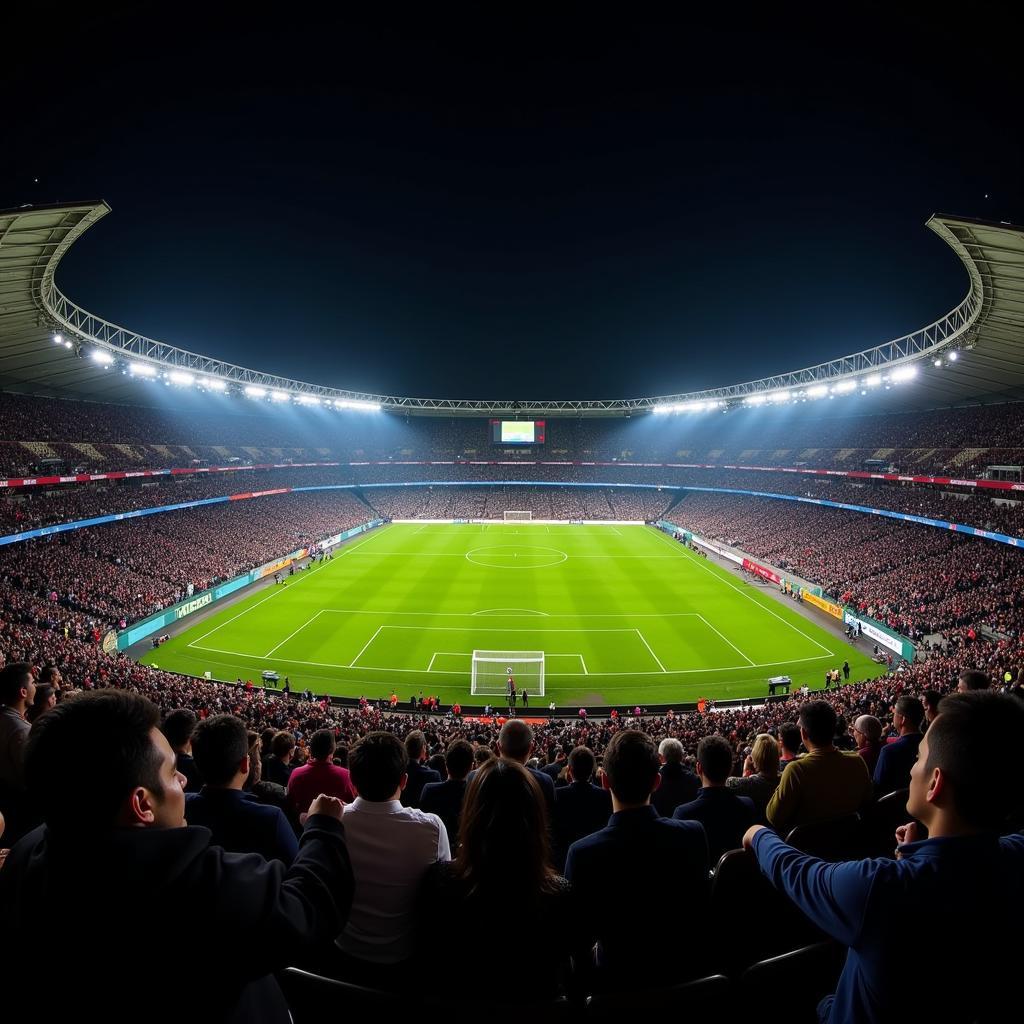 Toàn cảnh Cairo International Stadium về đêm với ánh đèn rực rỡ, khán đài đông nghẹt người hâm mộ bóng đá.