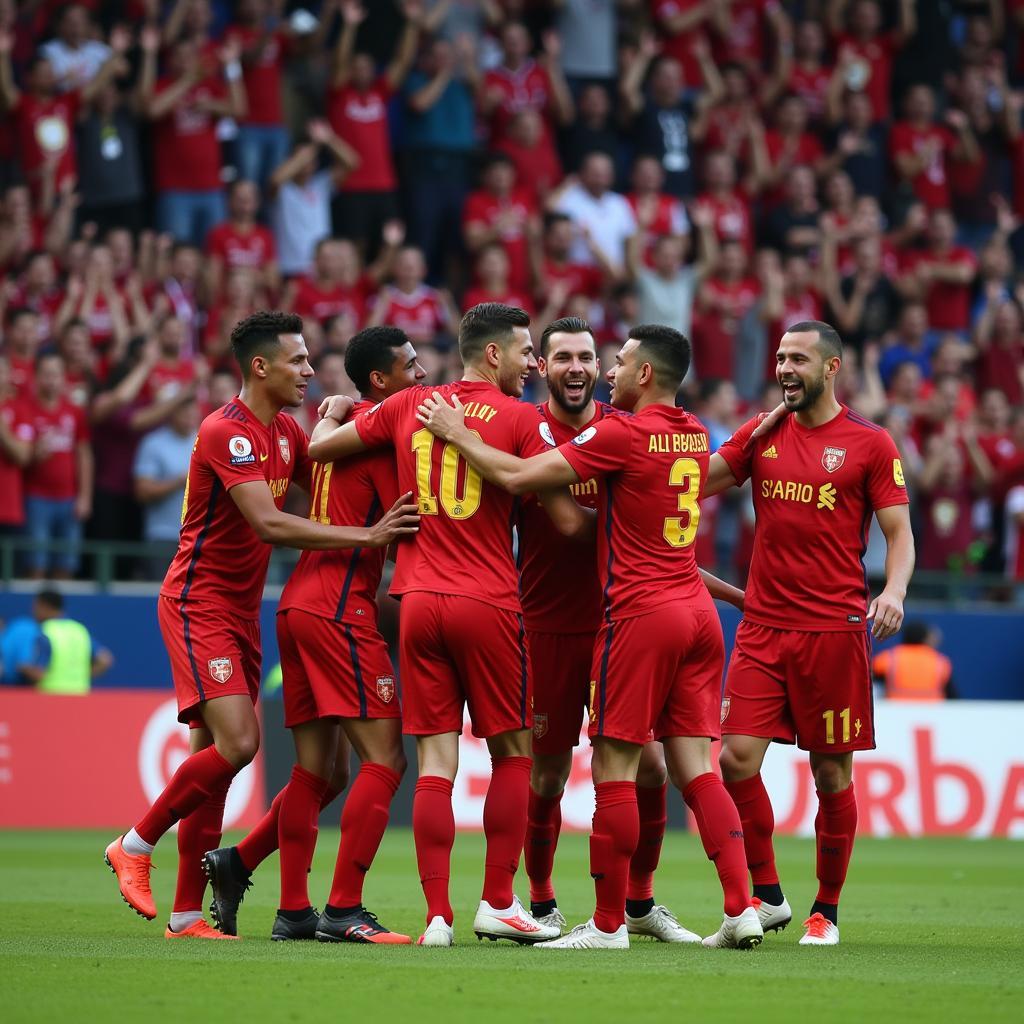Cầu thủ Al Raed FC ăn mừng chiến thắng cùng người hâm mộ.