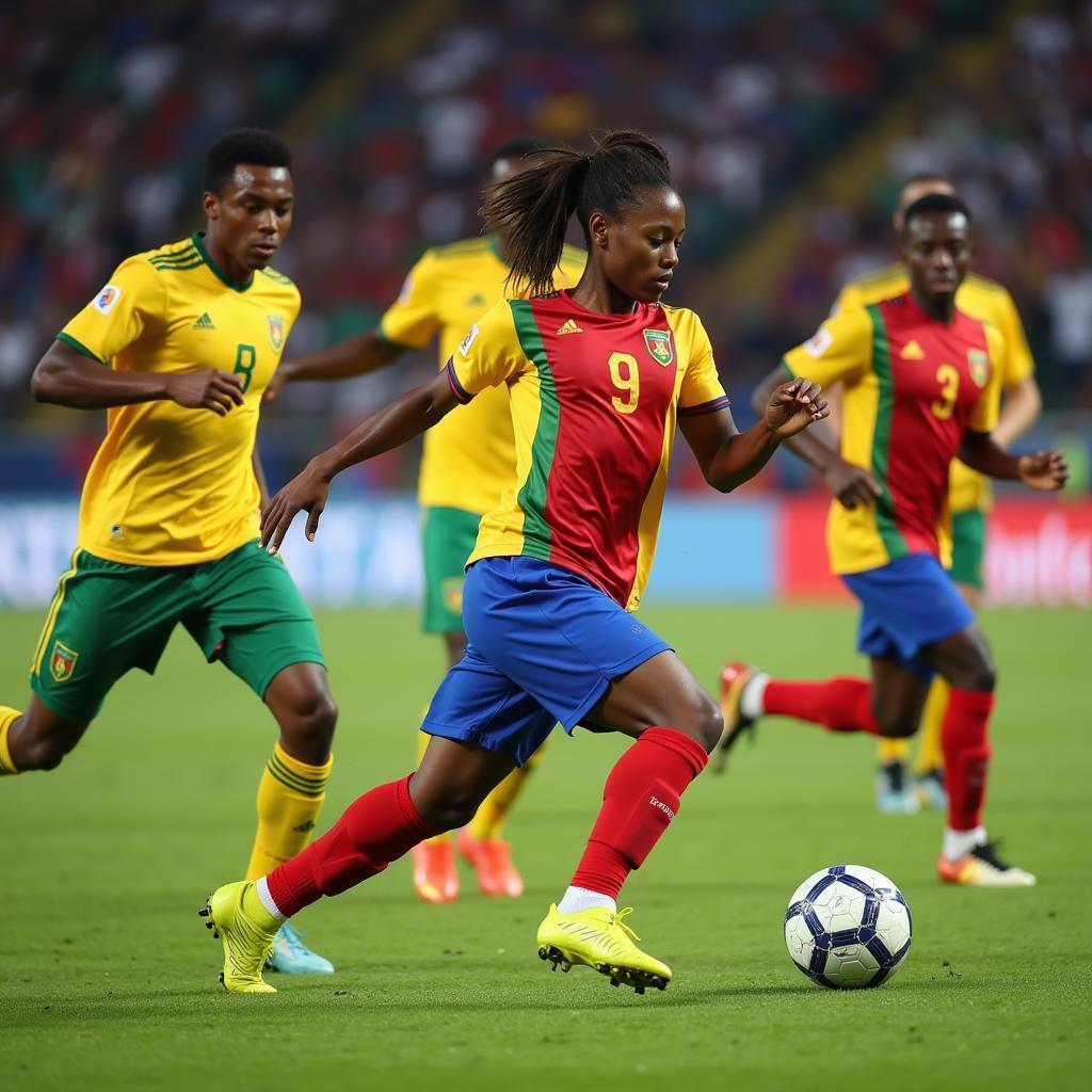 Congolese soccer players competing fiercely on the field