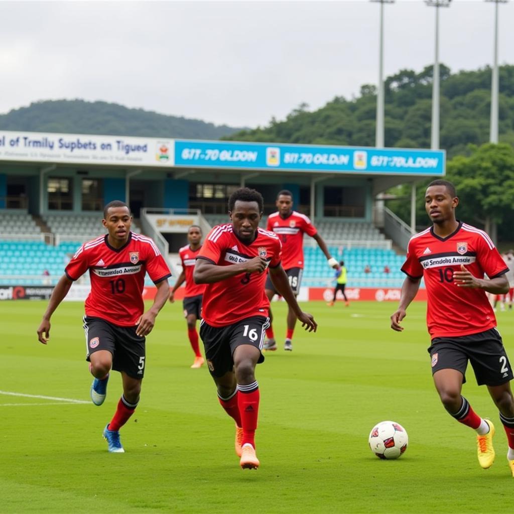 Cầu thủ Trinidad và Tobago thi đấu tại Ato Boldon Stadium