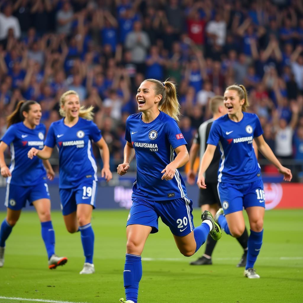 Chelsea Gilligan trong màu áo Chelsea ăn mừng bàn thắng