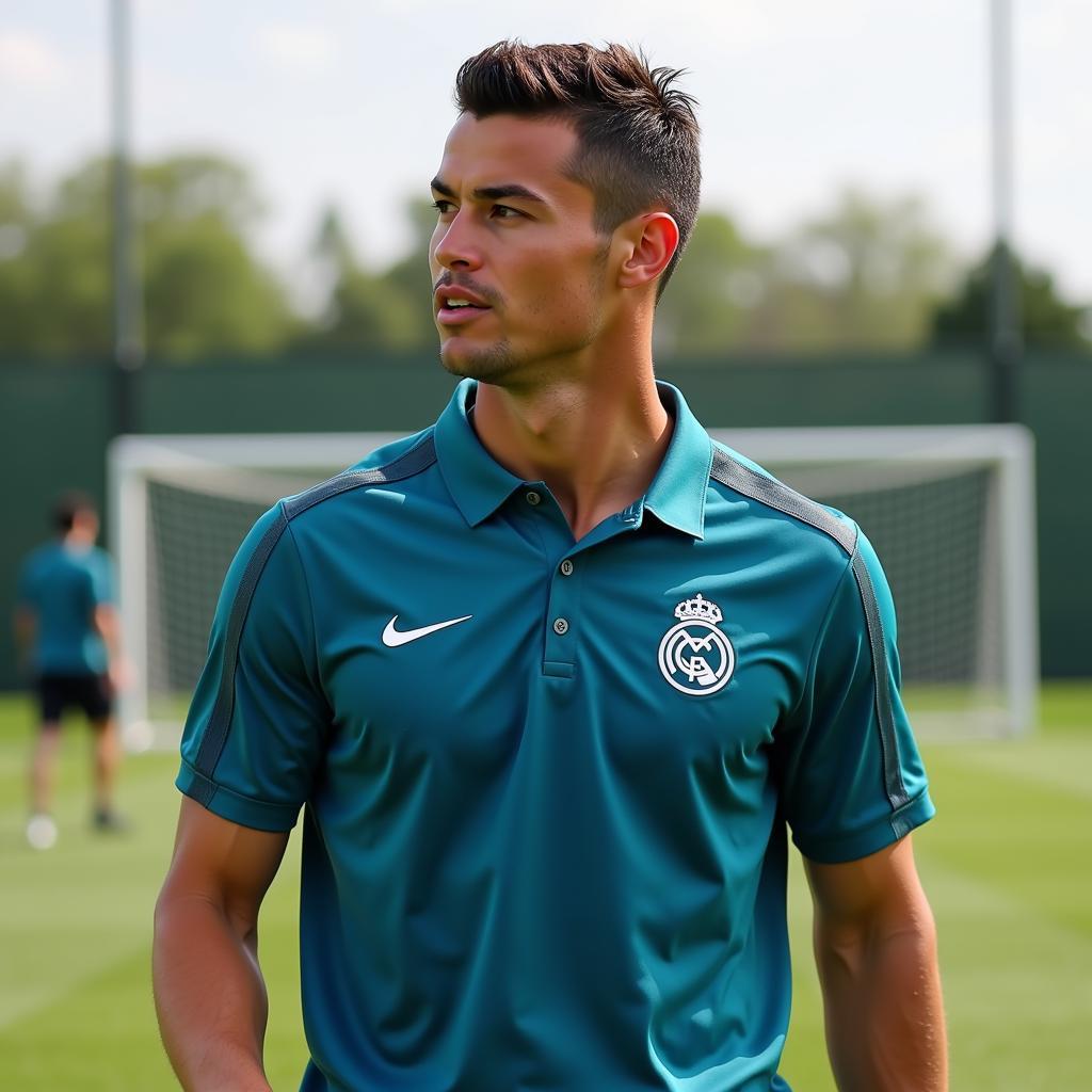 Cristiano Ronaldo mặc áo epolo trên sân tập