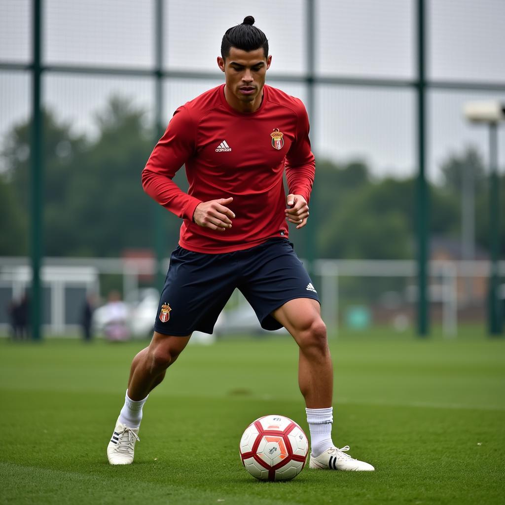 Cristiano Ronaldo tập luyện: hình ảnh Cristiano Ronaldo đang tập luyện thể lực với cường độ cao, thể hiện sự cống hiến và nỗ lực không ngừng của anh trong việc duy trì phong độ đỉnh cao.