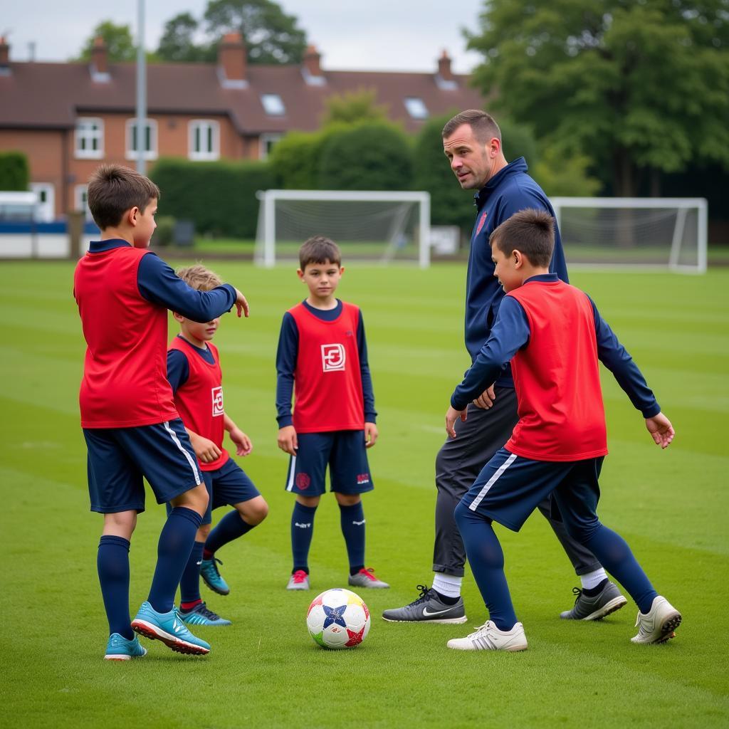 Đào tạo trẻ football Chester: Hình ảnh các cầu thủ nhí đang luyện tập kỹ năng cơ bản trên sân cỏ.