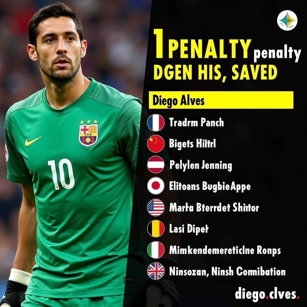 Diego Alves với danh sách các cầu thủ mà anh đã cản phá penalty.