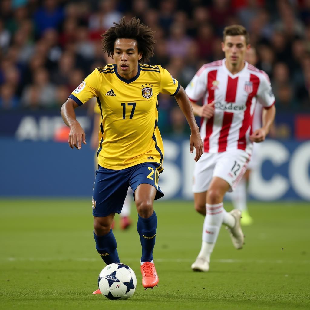 Diego Lainez showcasing his exceptional dribbling skills, maneuvering past defenders with agility and precision.