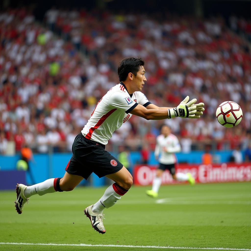 Eiji Kawashima thực hiện pha cứu thua ngoạn mục trong màu áo đội tuyển Nhật Bản tại World Cup.