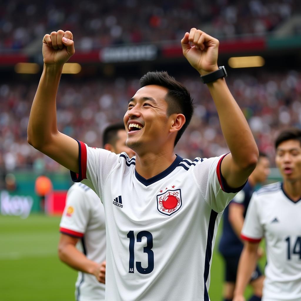 Eiji Kawashima ăn mừng chiến thắng cùng đồng đội tại World Cup.