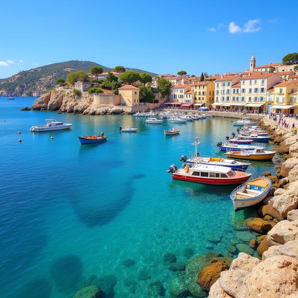 Cảng biển Endoume, Marseille với những chiếc thuyền neo đậu và nhà cửa ven biển.