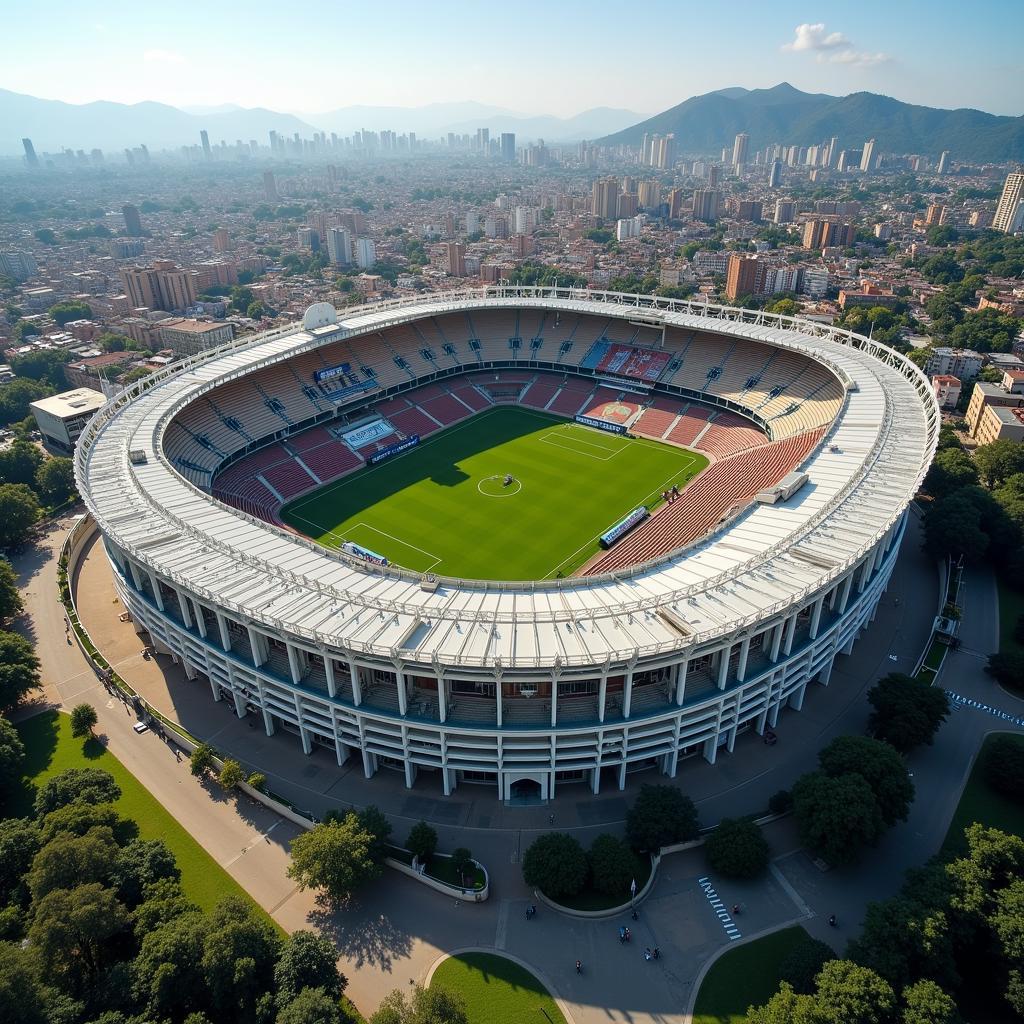 Hình ảnh sân vận động Estadio Restelo nhìn từ trên cao, cho thấy toàn cảnh sân và khu vực xung quanh.