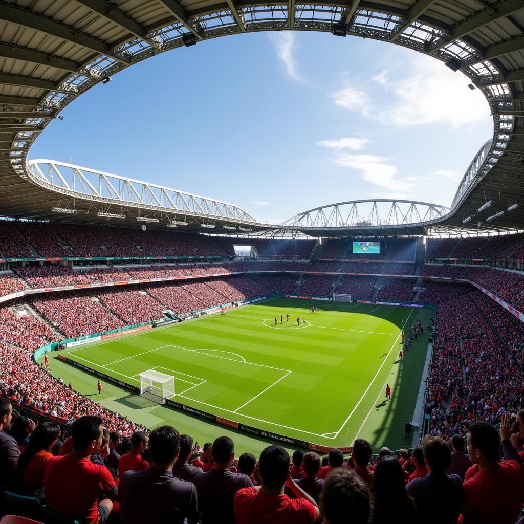 FNB Stadium Johannesburg South Africa - A view of the iconic Calabash stadium during a vibrant football match.