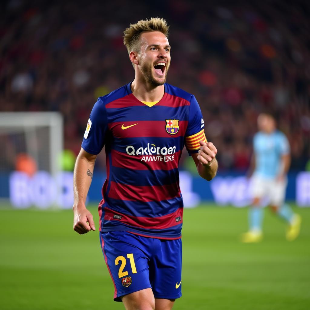 Frenkie de Jong ăn mừng bàn thắng trong màu áo Barcelona số 21.