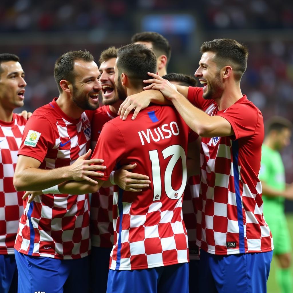 Ivica Ivušić ăn mừng chiến thắng cùng đồng đội ở đội tuyển quốc gia Croatia.