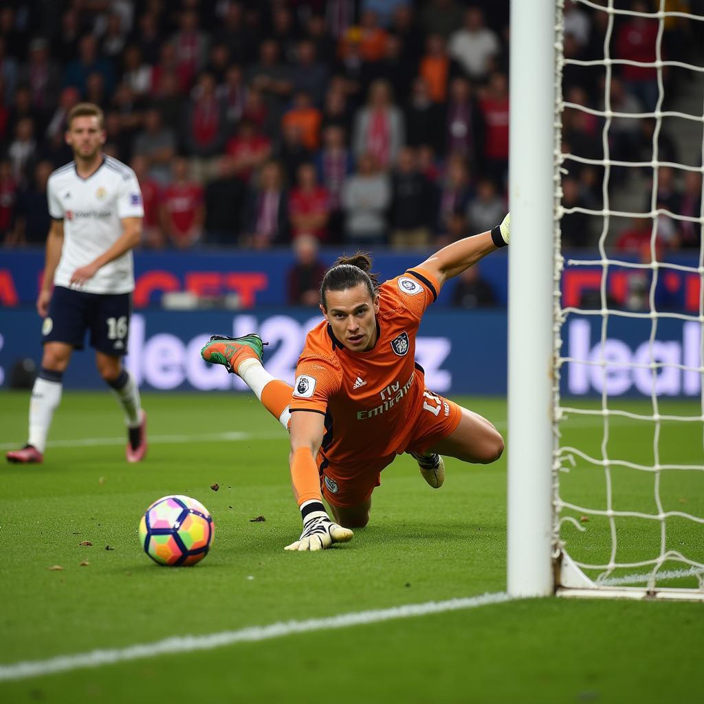 Kelle Roos trong màu áo Derby County, cản phá thành công một cú sút nguy hiểm.