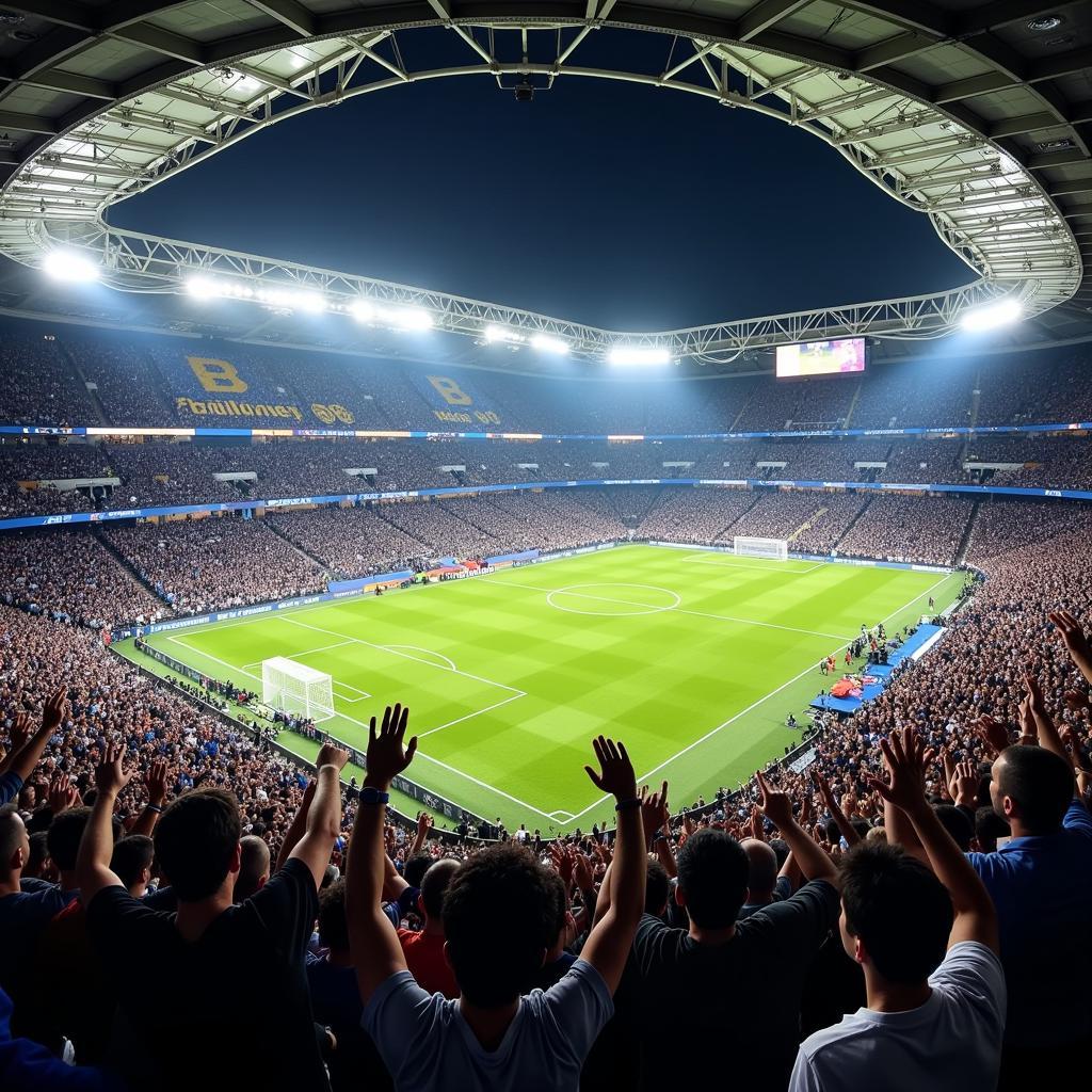 Hình ảnh khán đài chật kín người hâm mộ tại sân vận động Santiago Bernabéu trong một trận đấu quan trọng.