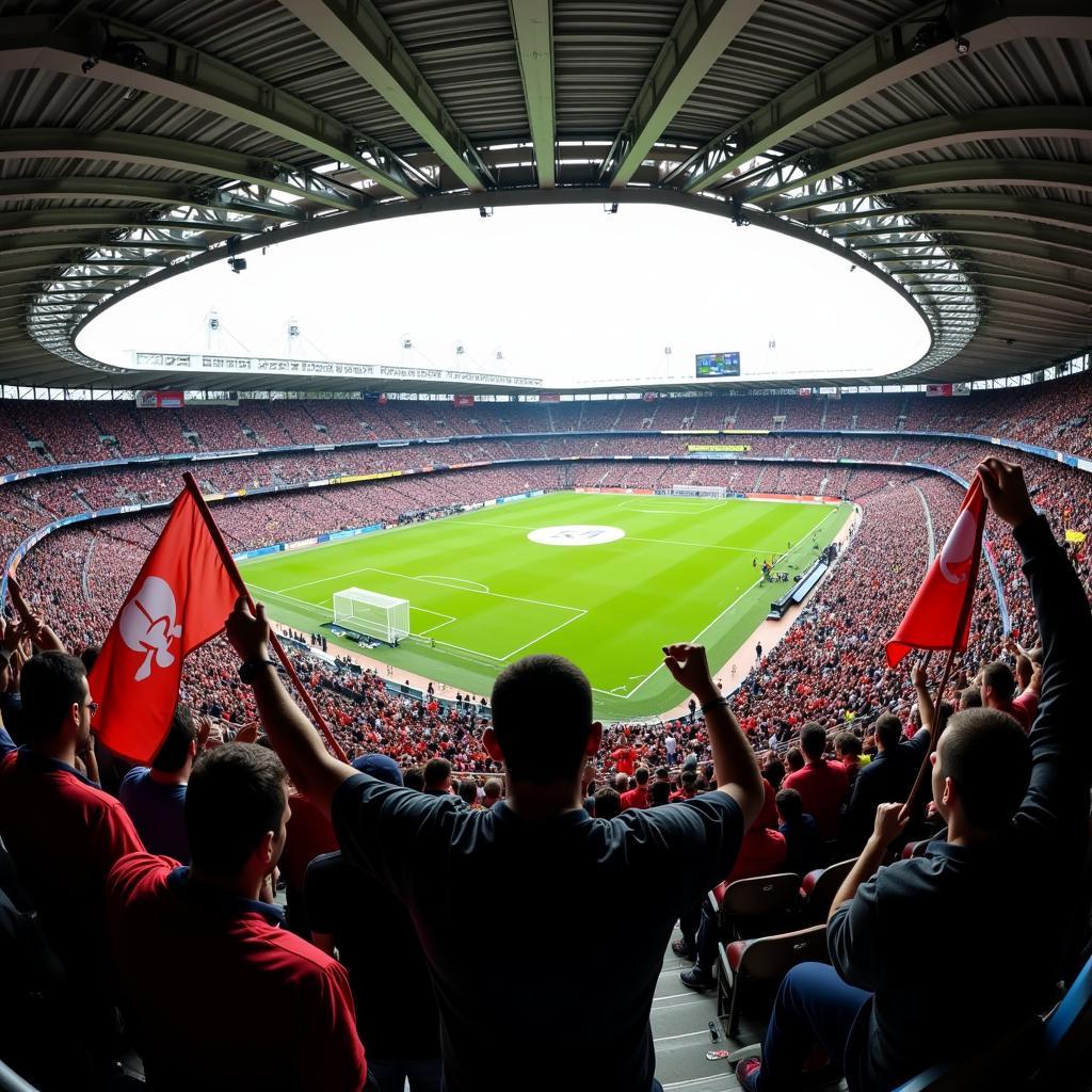 The electrifying atmosphere at Deportivo Saprissa Stadium during a match, with passionate fans filling the stands.  The image captures the energy and excitement of the crowd, showcasing the stadium's reputation as a cauldron of football passion.