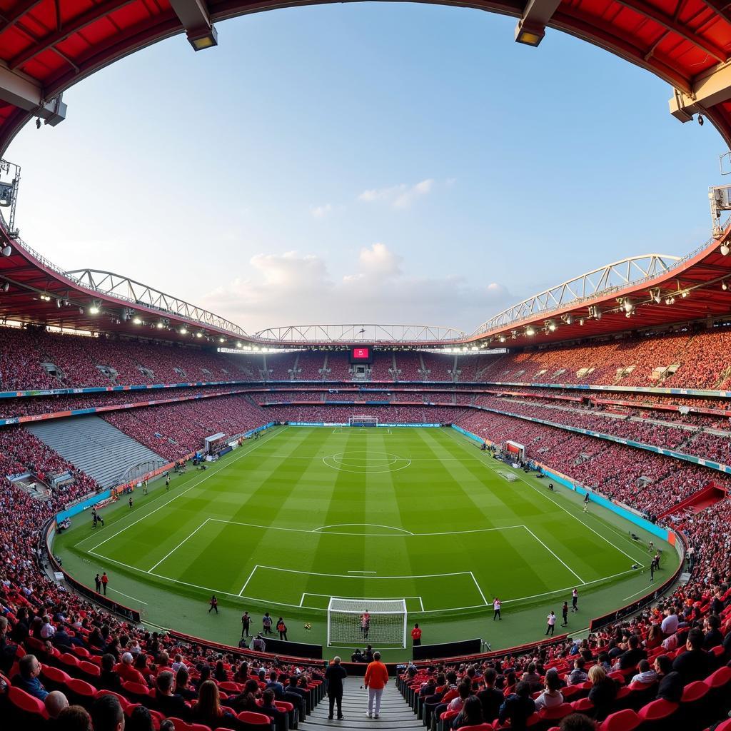 Hình ảnh toàn cảnh sân Campo de Fútbol de Vallecas, nổi bật với kiến trúc ba mặt khán đài bao quanh sân, tạo nên không gian gần gũi và sôi động.