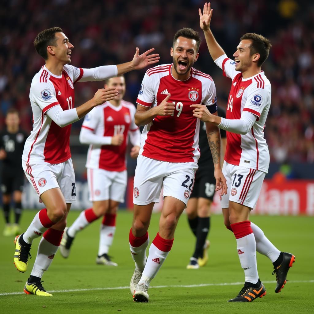 Leandro Trossard celebrating a goal with teammates.