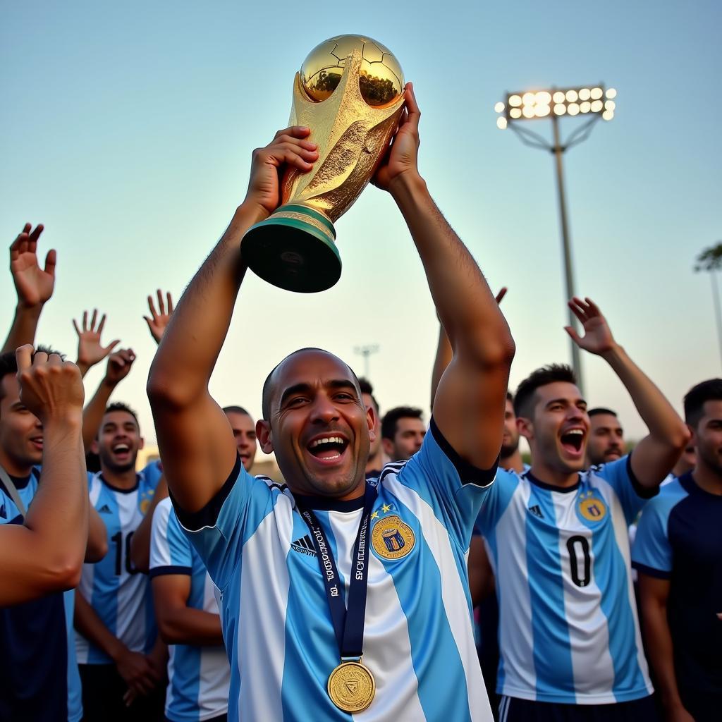 Lionel Scaloni lifts the World Cup trophy