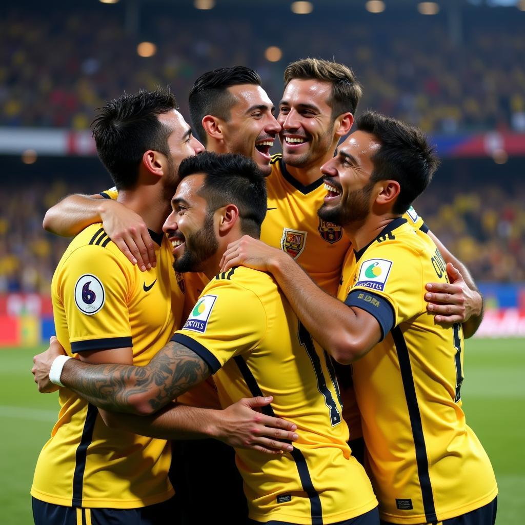 Luis Enrique Quiñones ăn mừng bàn thắng cùng đồng đội.