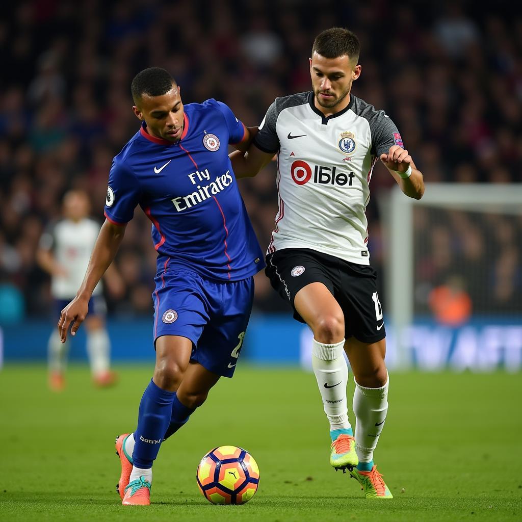 Mbappé tranh chấp bóng với hậu vệ đối phương