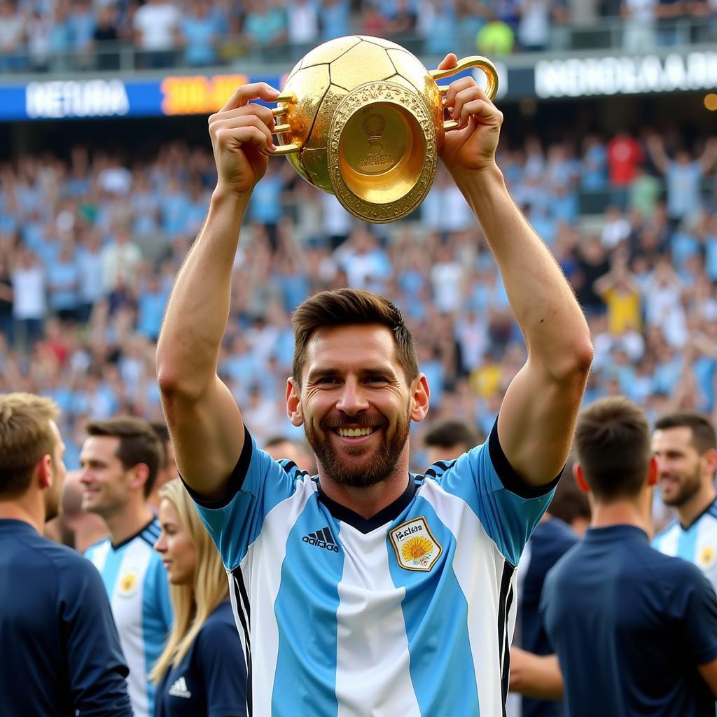 Messi nâng cao chiếc cúp vô địch World Cup cùng Argentina