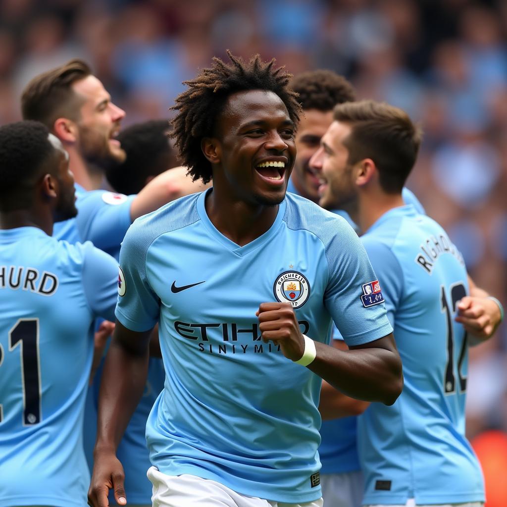 Micah Richards trong màu áo Manchester City ăn mừng chiến thắng cùng đồng đội