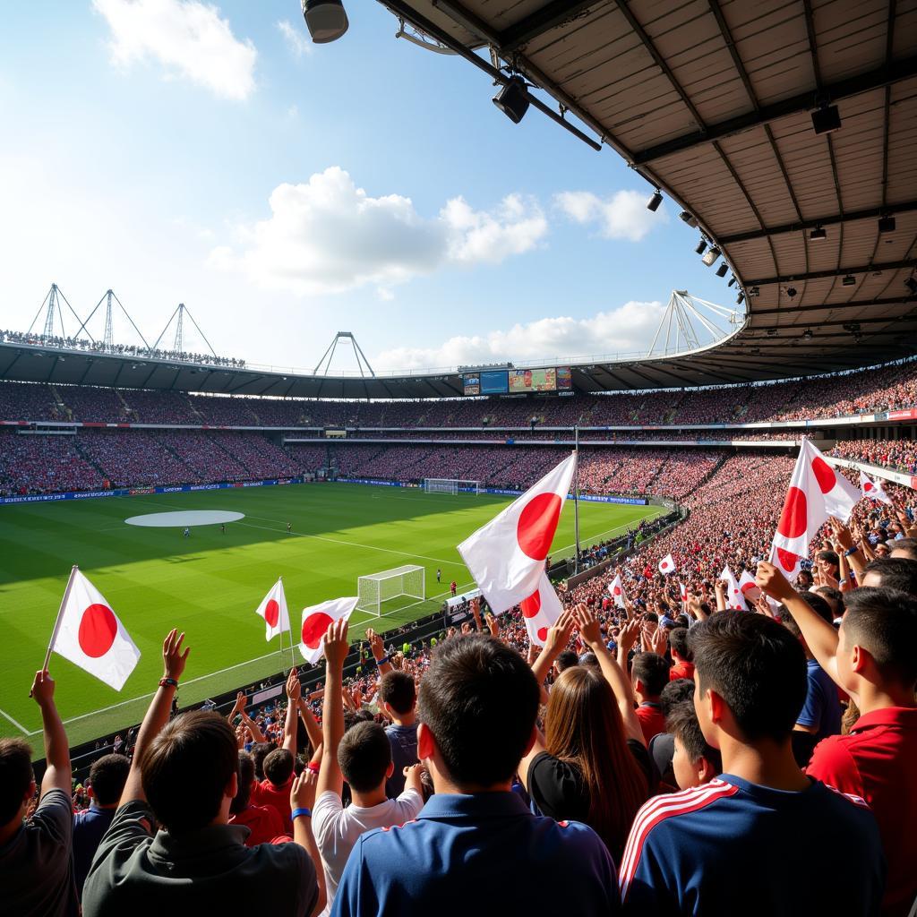 Hình ảnh cận cảnh khán đài Nagai Stadium trong một trận đấu bóng đá. Cổ động viên sôi nổi, cờ hoa phấp phới, tạo nên không khí cuồng nhiệt.