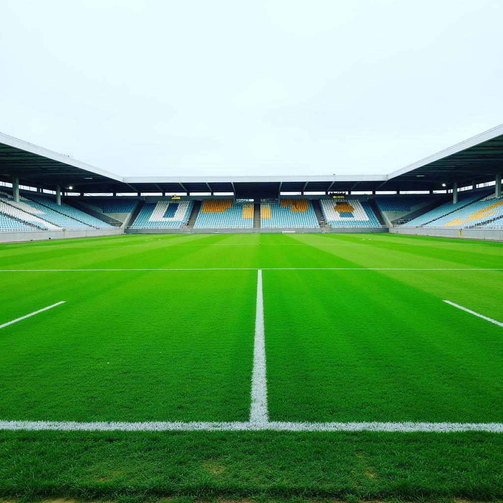 Sân cỏ Nagai Stadium xanh mướt, được chăm sóc kỹ lưỡng, sẵn sàng cho một trận đấu bóng đá.