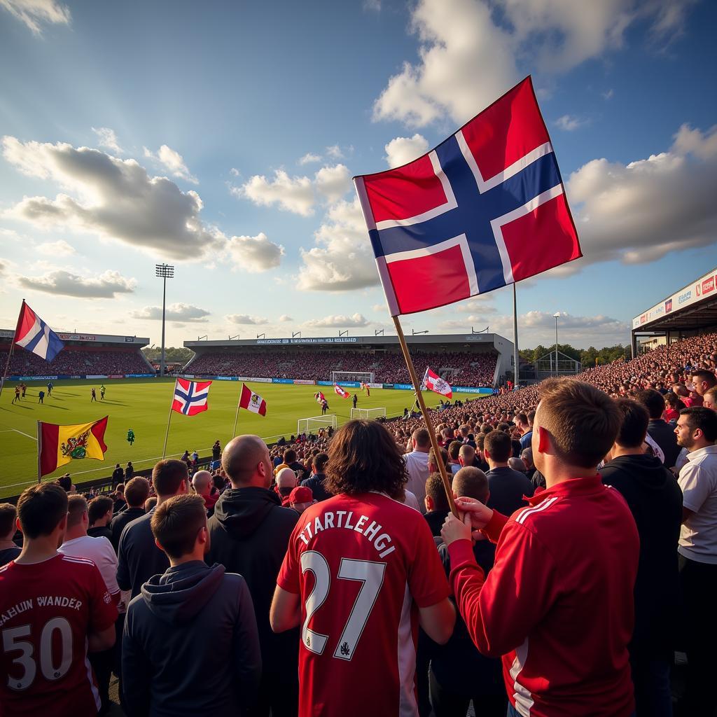 Hình ảnh người hâm mộ cuồng nhiệt tại Eastleigh Football Ground với cờ, băng rôn và áo đấu.