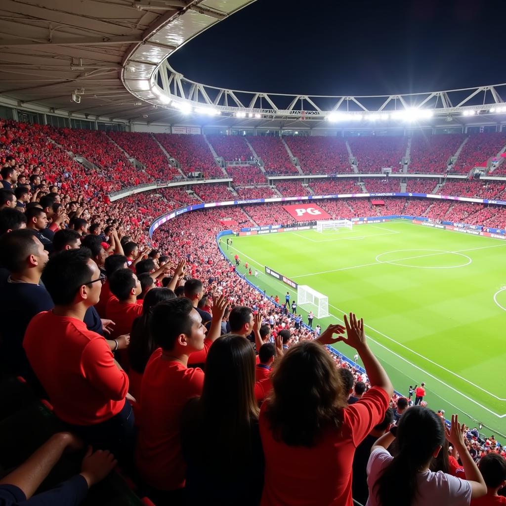 Cổ động viên cuồng nhiệt tại Shanghai Port Stadium tạo nên bầu không khí sôi động trong một trận đấu