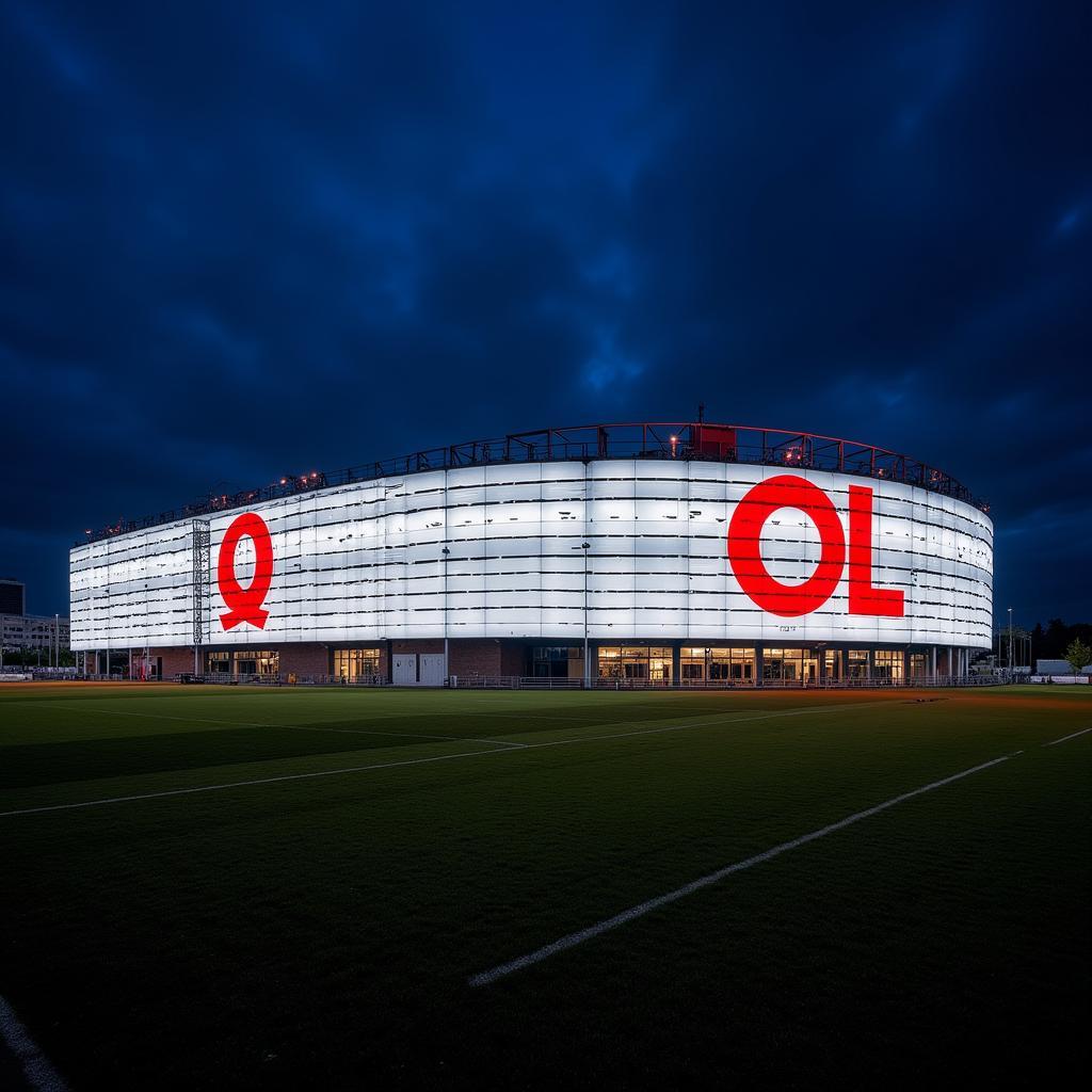 Parc OL và tầm nhìn của Olympique Lyonnais -  Hình ảnh minh họa sân vận động Parc OL lung linh trong ánh đèn đêm, thể hiện sự hiện đại và tầm vóc của câu lạc bộ Olympique Lyonnais.