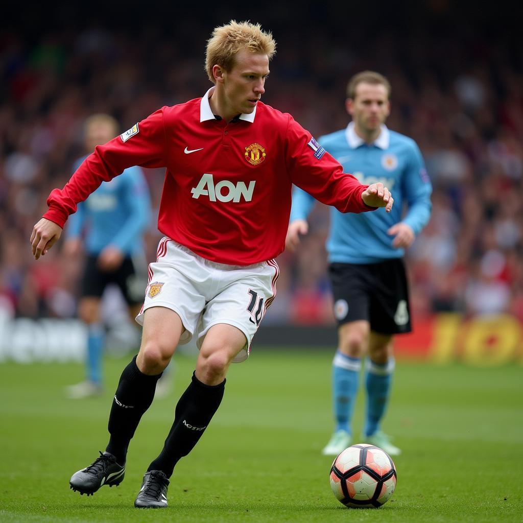 Paul Scholes chuyền bóng ở giữa sân trong trận đấu của Manchester United.