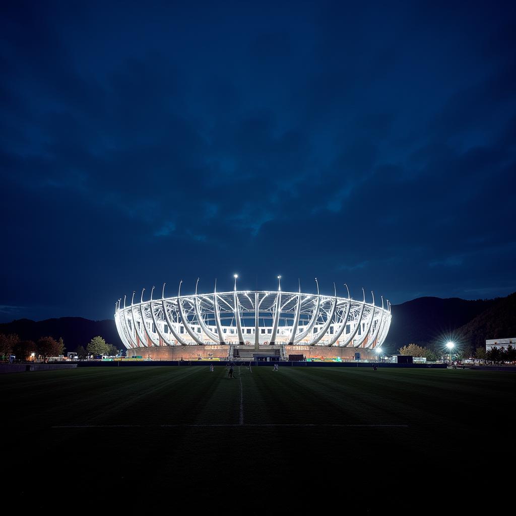 Poljud Stadion về đêm: Toàn cảnh sân vận động Poljud Stadion lung linh về đêm, ánh đèn rực rỡ soi sáng kiến trúc độc đáo hình vỏ sò.