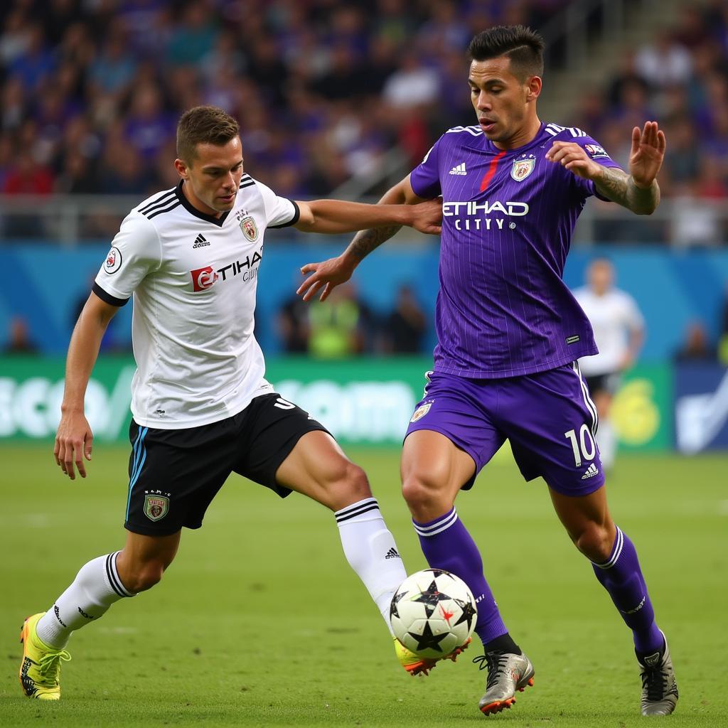 Rafael Santos thể hiện kỹ năng phòng ngự xuất sắc trong màu áo Orlando City, chặn đứng một pha tấn công nguy hiểm của đối phương.