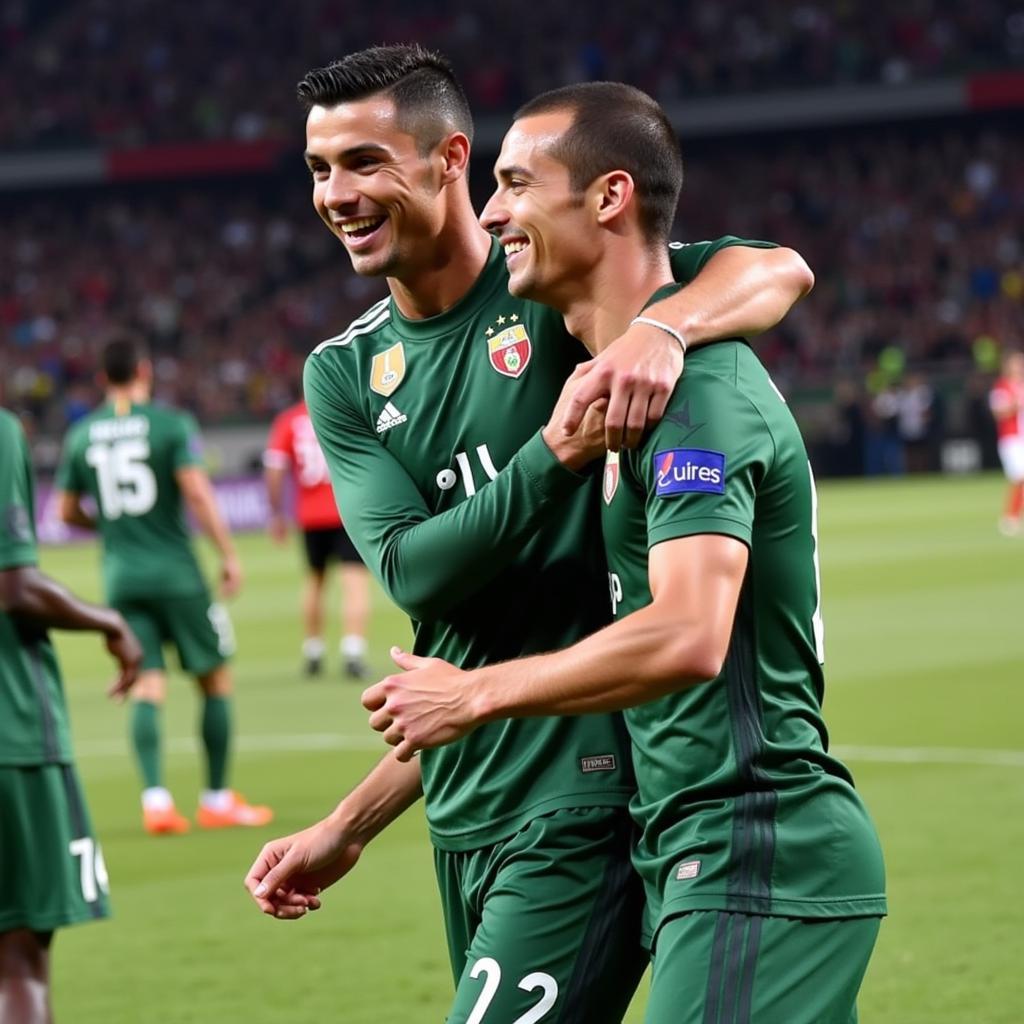 Ricardo Carvalho và Cristiano Ronaldo ăn mừng chiến thắng cùng nhau