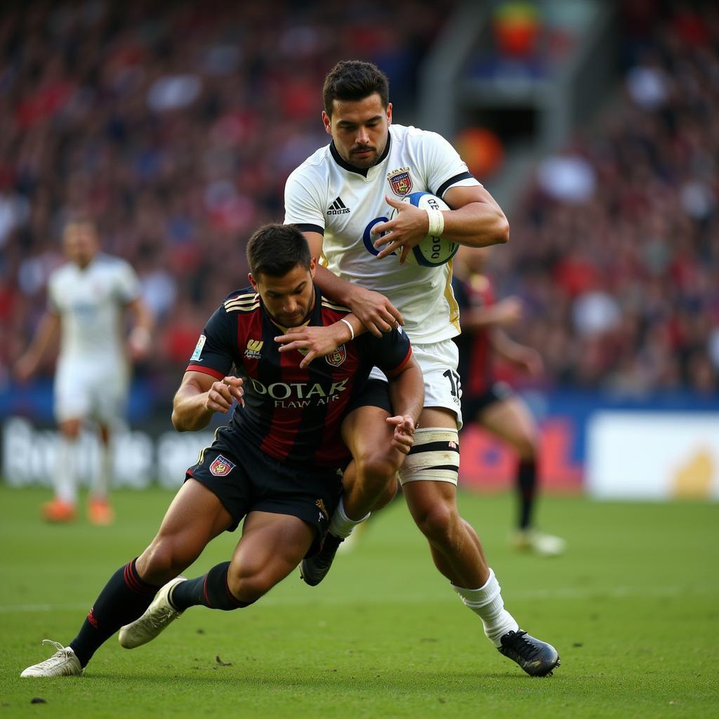 Riccardo Calafiori defending against an attacking player