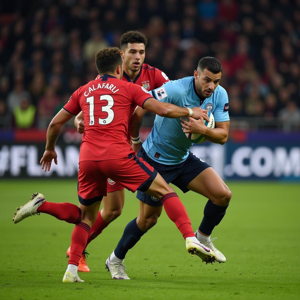 Riccardo Calafiori tackling an opponent