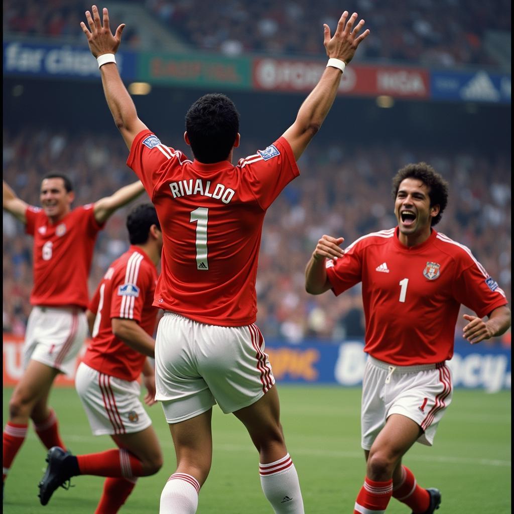 Rivaldo celebrating a goal with his teammates, showcasing the joy and passion he brought to the game.