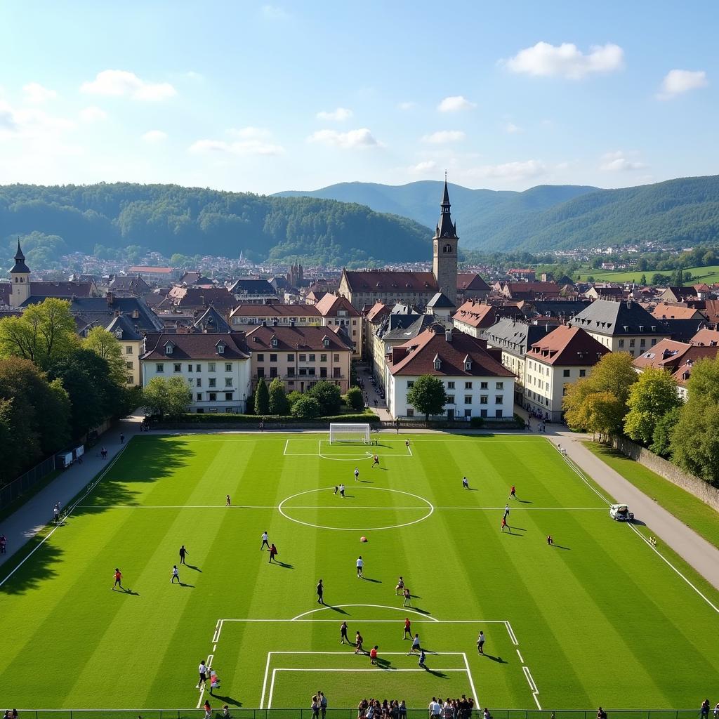 Sân bóng công cộng ở Heidelberg, nơi người dân địa phương và sinh viên tụ tập chơi bóng.