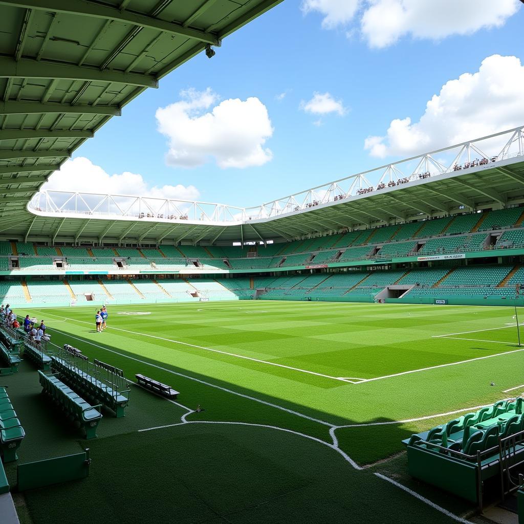 Sân bóng McKinley Hill Stadium với mặt cỏ xanh mươn mượt và khán đài hiện đại