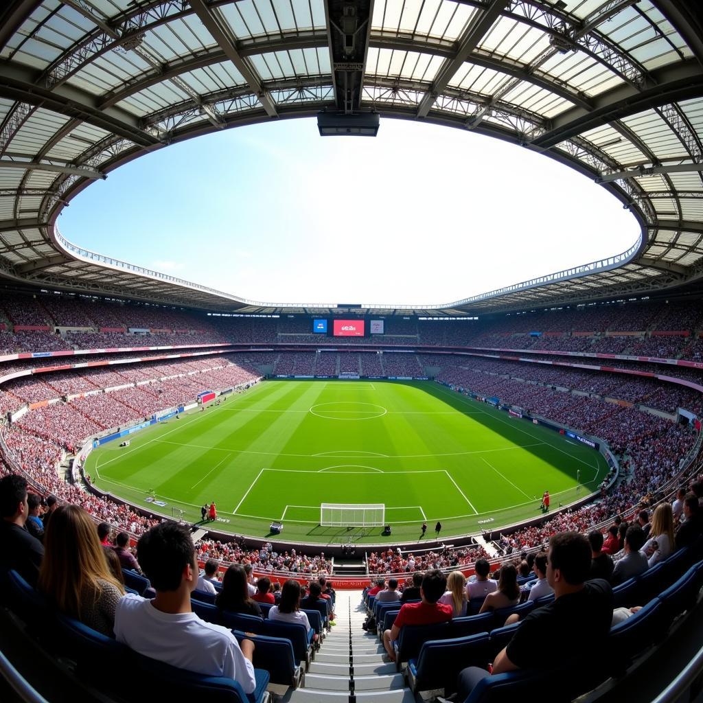 Toàn cảnh sân vận động Nagai Stadium, Osaka, Nhật Bản. Khán đài rộng lớn, mái che hiện đại, sân cỏ xanh mướt, không khí sôi động với hàng ngàn khán giả.