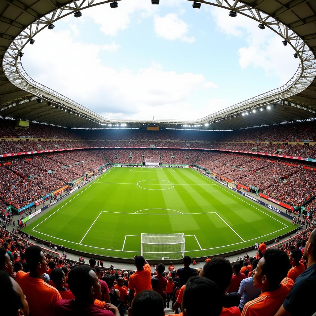Toàn cảnh sân vận động Stade du 26 Mars tại Bamako, Mali với khán đài đông kín người hâm mộ trong một trận đấu bóng đá quan trọng.