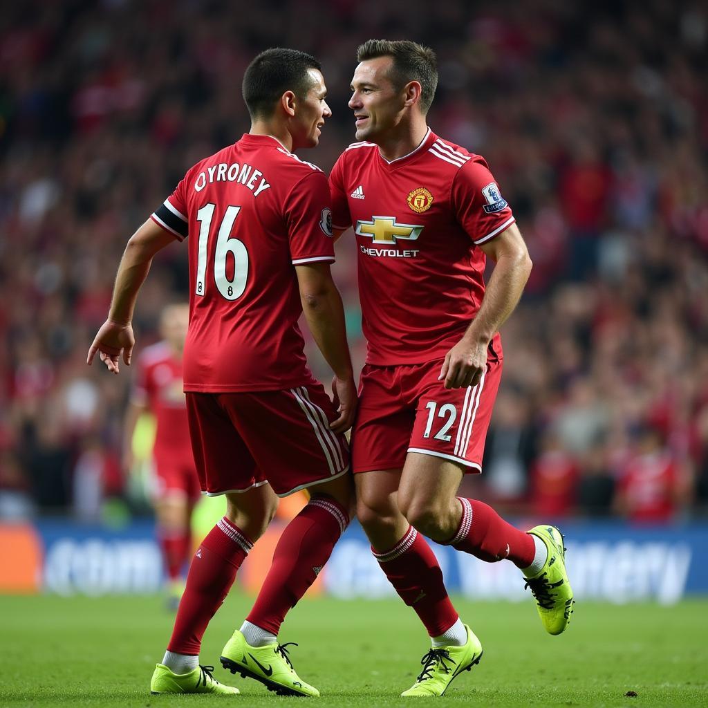 Luciano Acosta celebrating a goal with Wayne Rooney