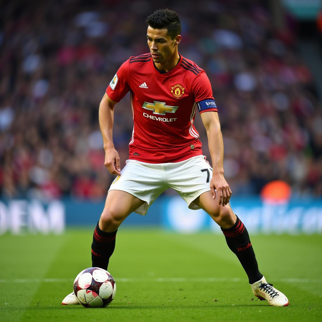 Cristiano Ronaldo thể hiện sự tập trung tuyệt đối trong một trận đấu quan trọng.