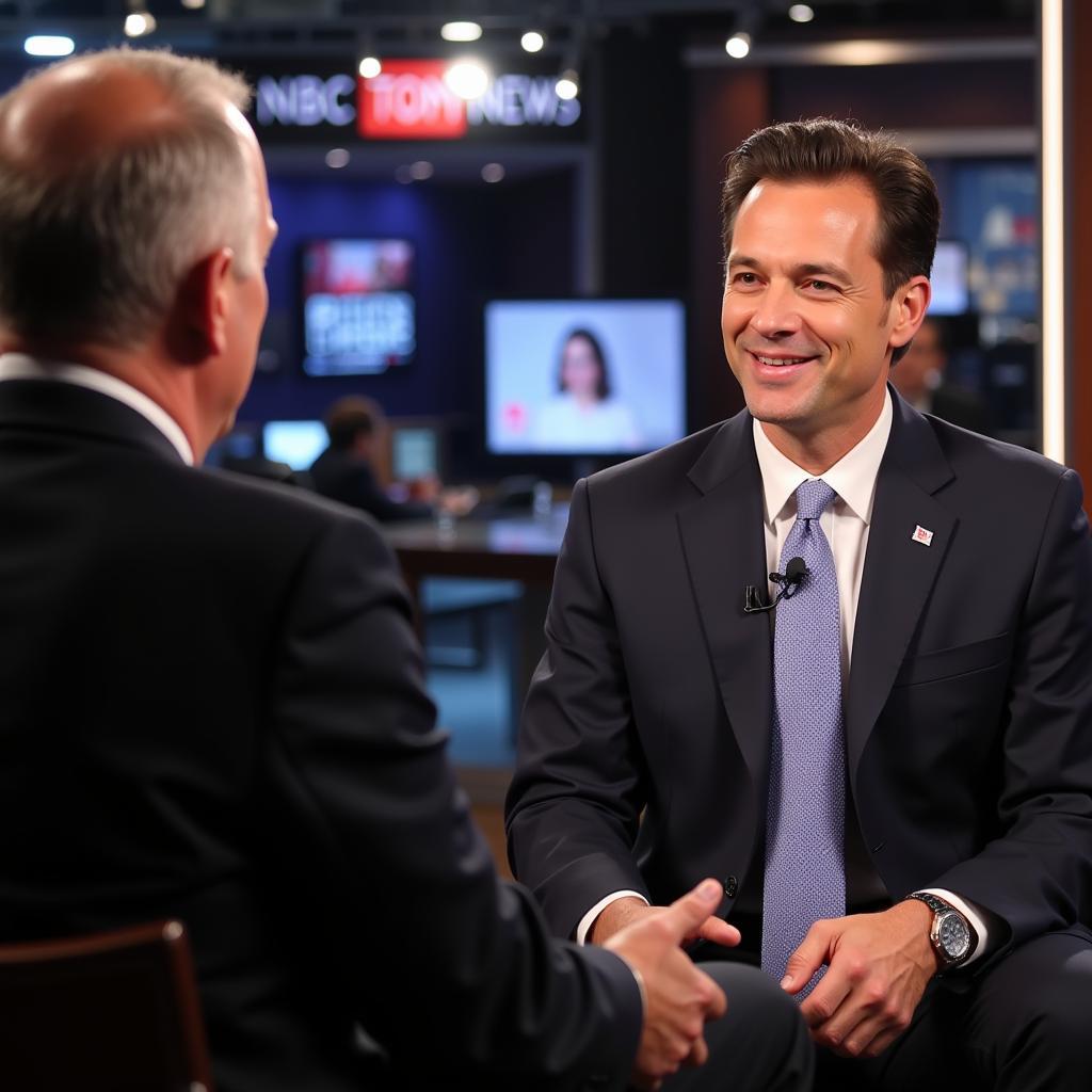 Tom Costello during a studio interview for NBC News. The image focuses on his upper body, highlighting his engagement with the interviewee and his professional demeanor.